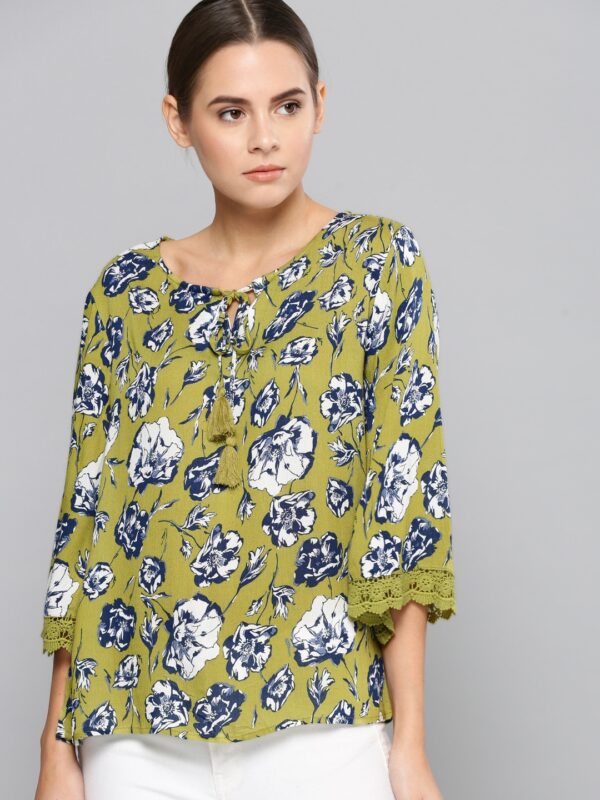 Chemistry Women Olive Green Printed Regular Top