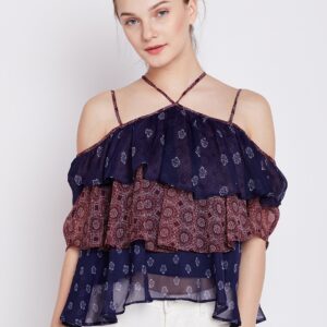 COVER STORY Women Blue Printed Bardot Top