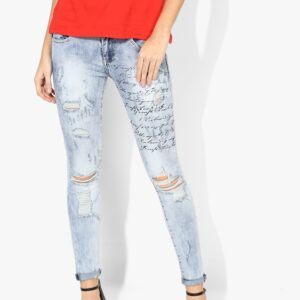 Blue Printed Mid Rise Skinny Fit Jeans