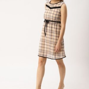 DressBerry Women Peach-Coloured  Grey Checked A-Line Dress