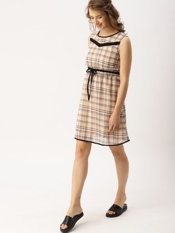 DressBerry Women Peach-Coloured  Grey Checked A-Line Dress