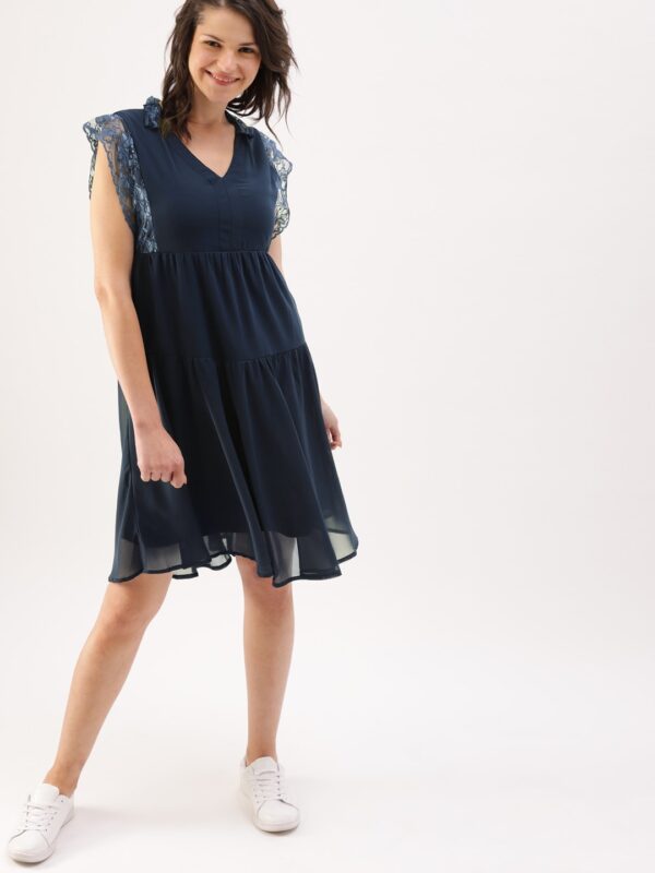 DressBerry Women Navy Blue Solid A-Line Dress