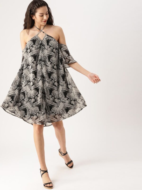 DressBerry Women Black  White Printed A-Line Dress