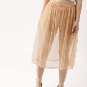 DressBerry Women Peach-Coloured Self Design Flared Midi Sheer Skirt