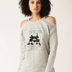 Disney by Dressberry Grey Melange Printed Cold Shoulder Sweatshirt