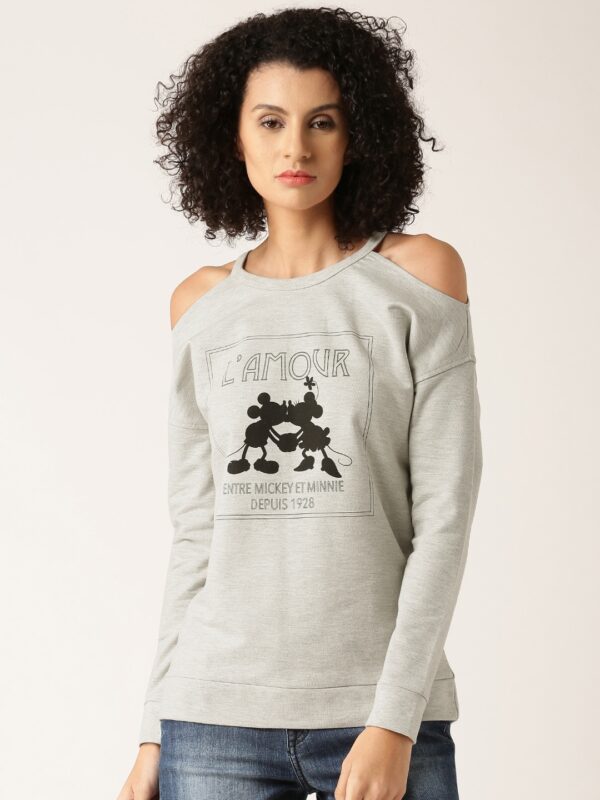 Disney by Dressberry Grey Melange Printed Cold Shoulder Sweatshirt