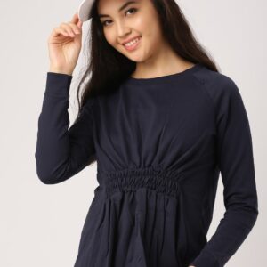 DressBerry Women Navy Blue Solid Cinched Waist Sweatshirt