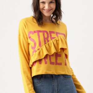 DressBerry Women Mustard Yellow Printed Ruffles Sweatshirt