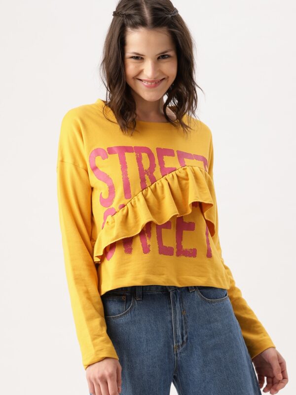 DressBerry Women Mustard Yellow Printed Ruffles Sweatshirt