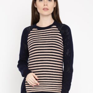 DressBerry Women Navy  Peach-Coloured Striped Sweater