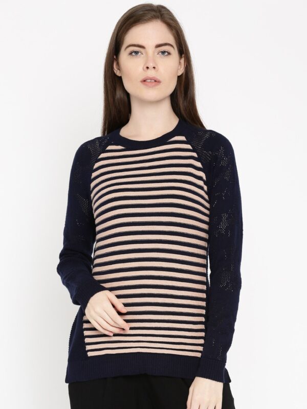 DressBerry Women Navy  Peach-Coloured Striped Sweater