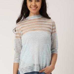 DressBerry Women Blue Self Design Pullover