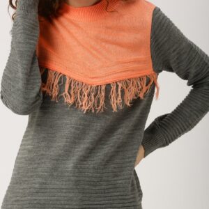 DressBerry Women Coral Orange  Grey Fringed Detail Pullover