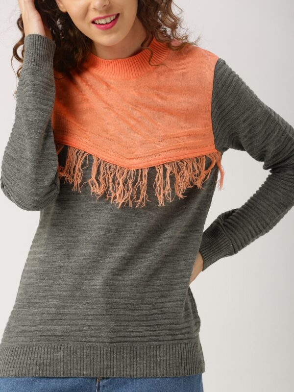 DressBerry Women Coral Orange  Grey Fringed Detail Pullover