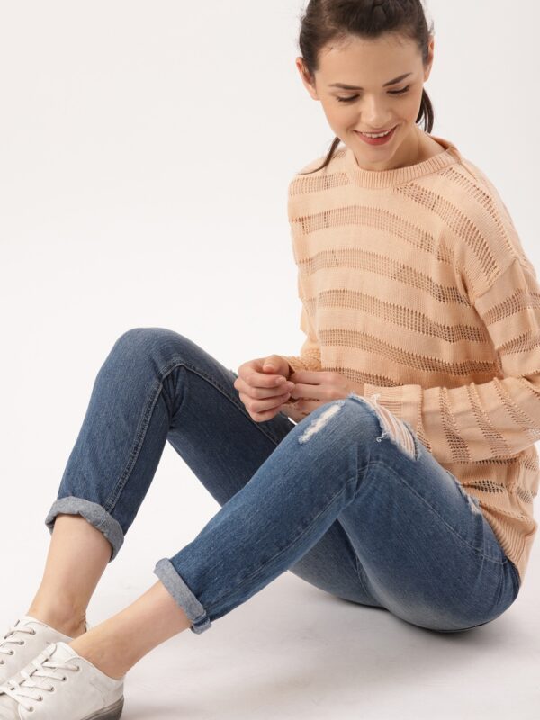 DressBerry Women Peach-Coloured Self Design Pullover