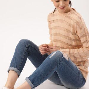 DressBerry Women Peach-Coloured Self Design Pullover