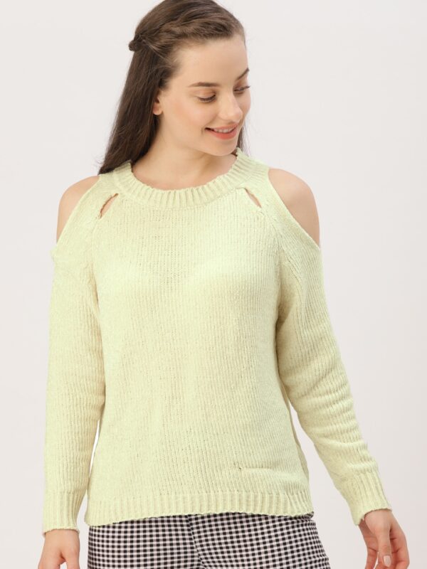 DressBerry Women Cream-Coloured Cold-Shoulder Solid Pullover