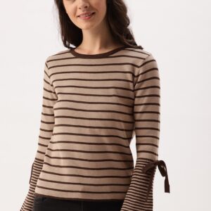 DressBerry Women Beige  Brown Striped Pullover