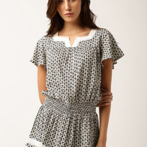 DressBerry Off-White  Black Printed Blouson Tunic