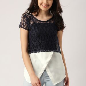 DressBerry Women Navy Blue  White Lace Semi-Sheer Top