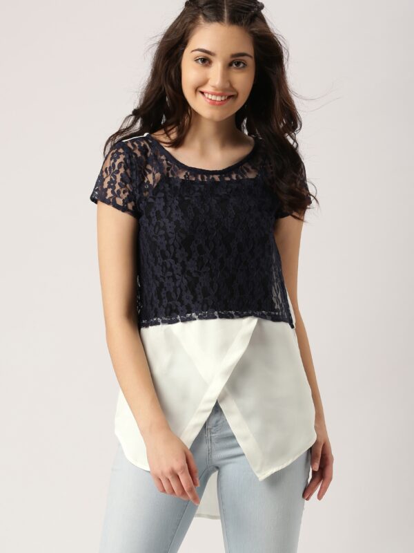 DressBerry Women Navy Blue  White Lace Semi-Sheer Top