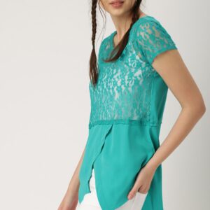 DressBerry Women Turquoise Blue Lace Semi-Sheer Top