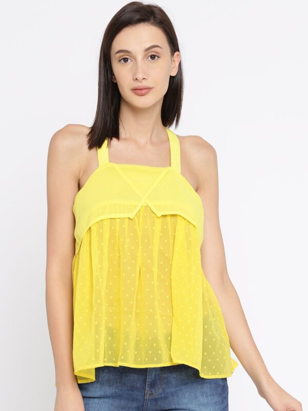 DressBerry Women Yellow Self-Designed A-Line Sheer Top