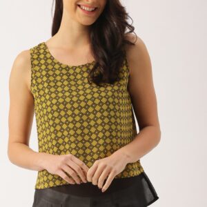 DressBerry Women Mustard Yellow  Black Printed Layered Top