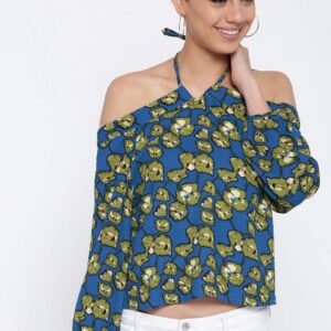 DressBerry Women Blue  Olive Green Printed Halter-Neck Top