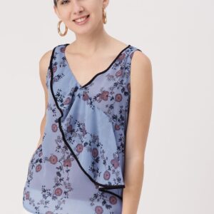 DressBerry Women Blue Printed Semi-Sheer Top