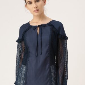 DressBerry Women Navy Blue Self Design Semi-Sheer Top