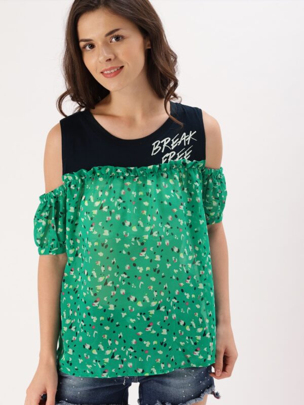 DressBerry Women Green Printed Semi-Sheer Top