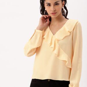 DressBerry Women Cream-Coloured Solid Ruffled Top