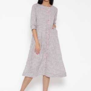 Desi Fusion Women Off-White  Pink Striped Fit  Flare Dress