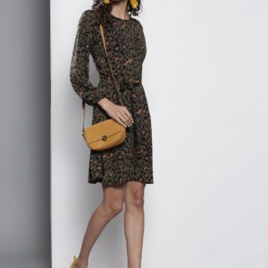 DOROTHY PERKINS Women Olive Green  Black Printed Fit and Flare Dress