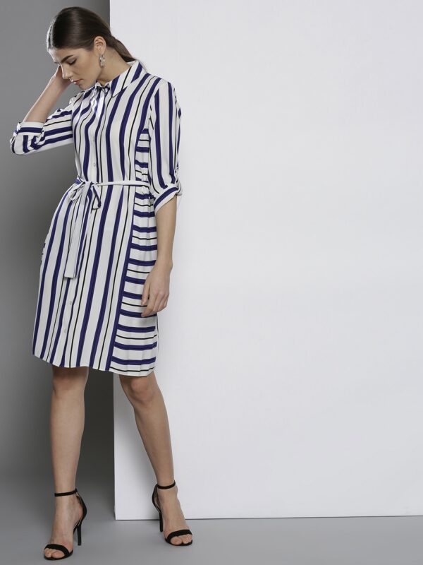 DOROTHY PERKINS Women White  Blue Striped Shirt Dress