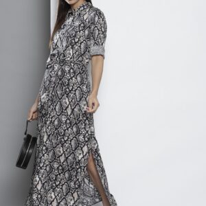 DOROTHY PERKINS Women Black  Beige Snakeskin Print Maxi Shirt Dress