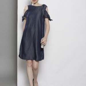 DOROTHY PERKINS Women Navy Blue Solid Cold-Shoulder A-Line Chambray Dress