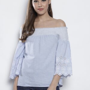 DOROTHY PERKINS Women Blue  White Striped Bardot Top