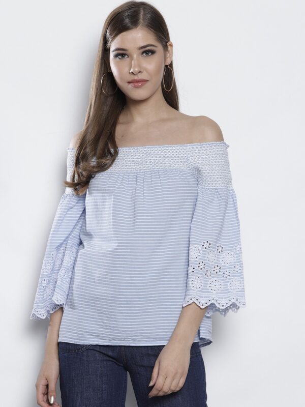 DOROTHY PERKINS Women Blue  White Striped Bardot Top