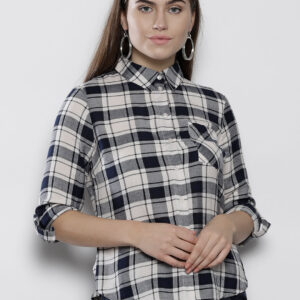 DOROTHY PERKINS Women Petite Off-White  Navy Blue Regular Fit Checked Casual Shirt