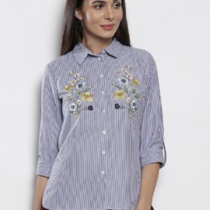 DOROTHY PERKINS Women Petite Blue  White Striped Casual Shirt with Embroidered Detail