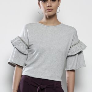 DOROTHY PERKINS Women Grey Melange Solid Top with Bell Sleeves