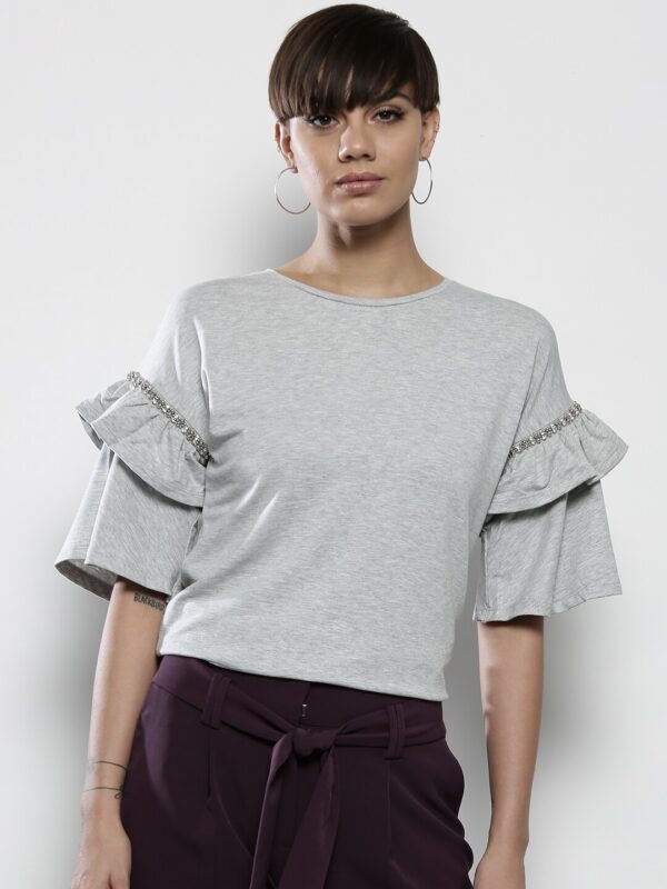 DOROTHY PERKINS Women Grey Melange Solid Top with Bell Sleeves