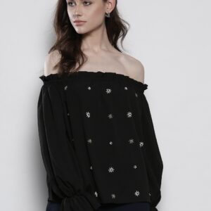 DOROTHY PERKINS Women Black Embellished Bardot Top