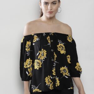 DOROTHY PERKINS Women Black  Yellow Printed Bardot Top