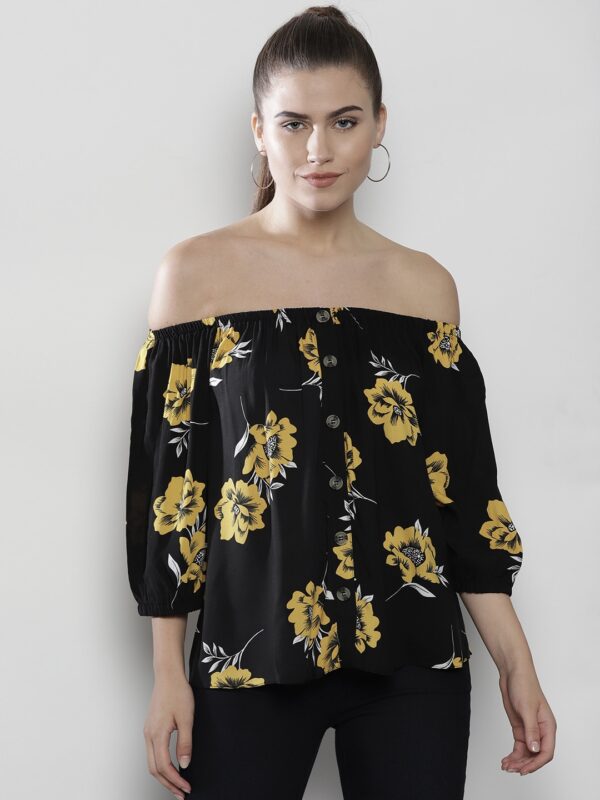 DOROTHY PERKINS Women Black  Yellow Printed Bardot Top