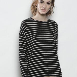 DOROTHY PERKINS Women Black  White Striped Round Neck T-shirt