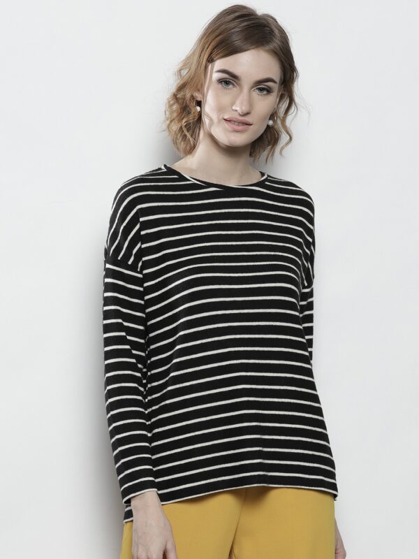 DOROTHY PERKINS Women Black  White Striped Round Neck T-shirt