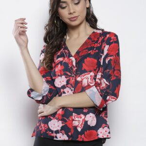 DOROTHY PERKINS Women Navy Blue  Red Regular Fit Printed Collarless Casual Shirt